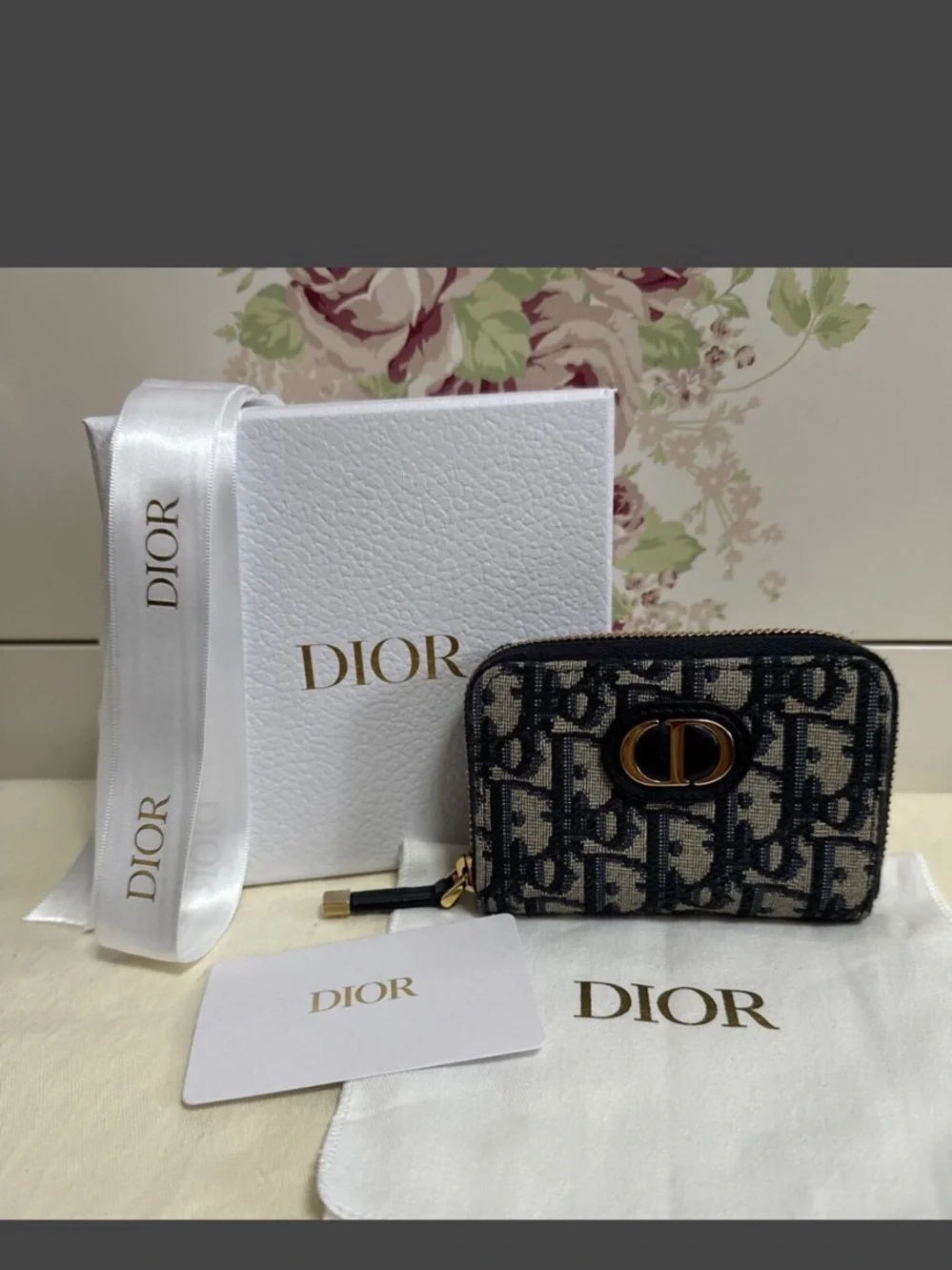 Dior Navy & Beige Oblique Zip Card/Coin Case Holder